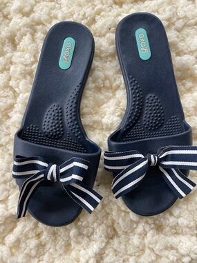 OKA b. Navy Slide Sandals with Striped Bow Accent